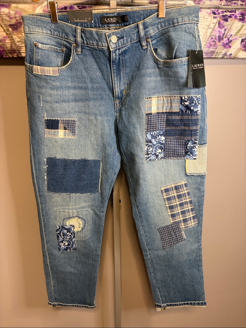 Lauren Ralph Lauren Women’s  Blue Patchwork Comfort Stretch Relaxed Taper Jeans